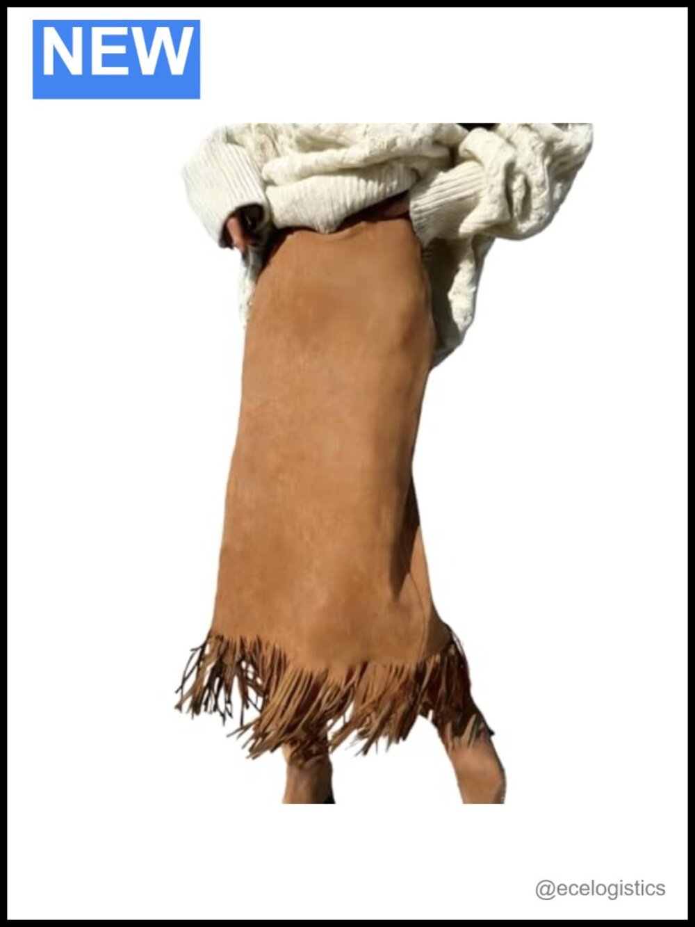Faux Suede High Waisted Midi Skirt Fringe Hem Boho A-Line Wrap